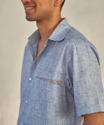 Deep blue textured cotton signature half sleeves shirt 4