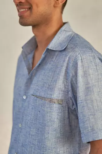 Deep blue textured cotton signature half sleeves shirt