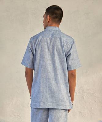 Deep blue textured cotton signature half sleeves shirt 5