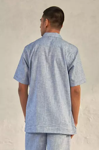 Deep blue textured cotton signature half sleeves shirt