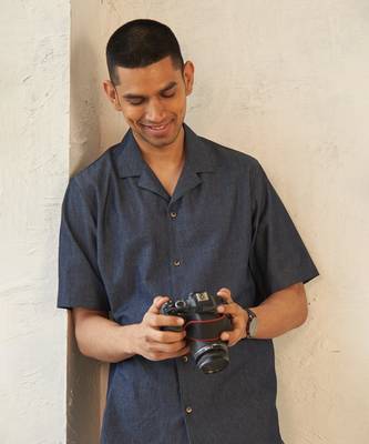 Blue cotton denim camp collar shirt 1