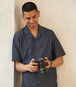 Blue cotton denim camp collar shirt