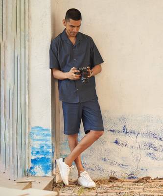 Blue cotton denim camp collar shirt 2