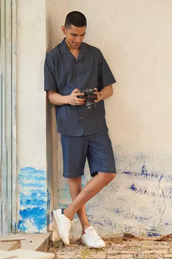 Blue cotton denim camp collar shirt