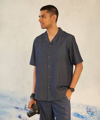 Blue cotton denim camp collar shirt 3