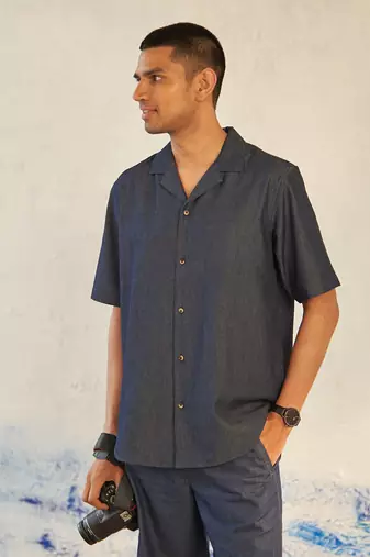 Blue cotton denim camp collar shirt