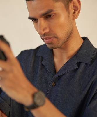 Blue cotton denim camp collar shirt 4