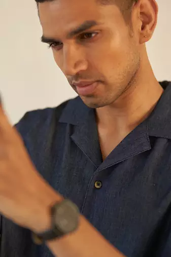 Blue cotton denim camp collar shirt