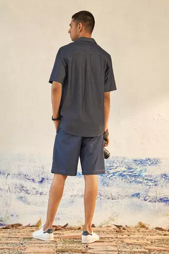 Blue cotton denim camp collar shirt