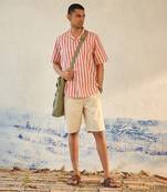 Red And Beige textured cotton Shirt With Short