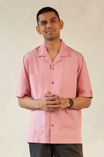 light pink cotton base camp collar pocket shirt