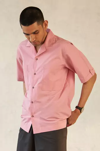 light pink cotton base camp collar pocket shirt