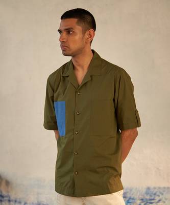 Bright green/ grey  cotton military camp collar shirt 1