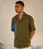 Bright green/ grey  cotton military camp collar shirt