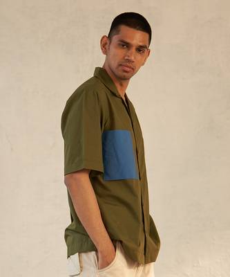 Bright green/ grey  cotton military camp collar shirt 2