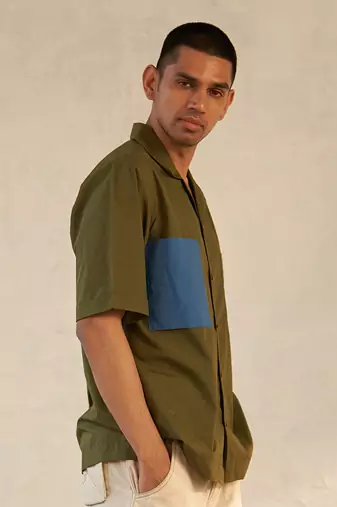 Bright green/ grey  cotton military camp collar shirt