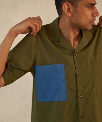 Bright green/ grey  cotton military camp collar shirt 3
