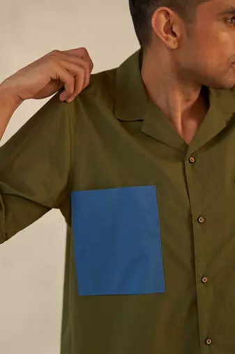 Bright green/ grey  cotton military camp collar shirt