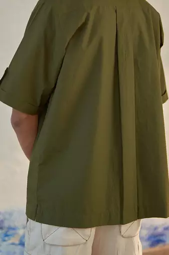 Bright green/ grey  cotton military camp collar shirt