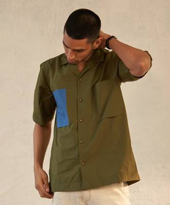 Bright green/ grey  cotton military camp collar shirt 5