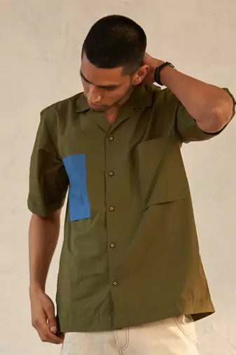 Bright green/ grey  cotton military camp collar shirt