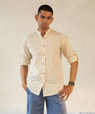 White textured cotton boating mandarin shirt 1