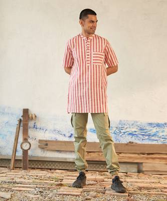 White and Orange textured cotton ooty short kurta 1