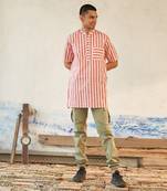 White and Orange textured cotton ooty short kurta