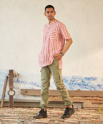 White and Orange textured cotton ooty short kurta 2