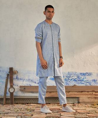 Blue/green textured cotton rhythm long kurta 2
