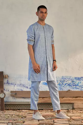 Blue/green textured cotton rhythm long kurta