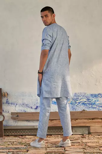 Blue/green textured cotton rhythm long kurta