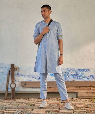 Black textured cotton rhythm long kurta with pants 1