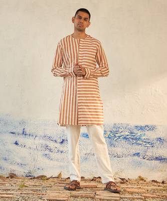 White and Orange textured cotton high-line no collar kurta 1