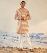 White and Orange textured cotton high-line no collar kurta