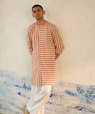White and Orange textured cotton high-line no collar kurta 2