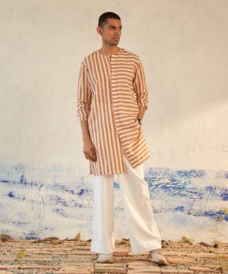 White and Orange textured cotton high-line no collar kurta 3