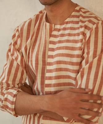 White and Orange textured cotton high-line no collar kurta 4