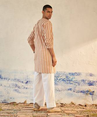 White and Orange textured cotton high-line no collar kurta 5