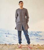 Grey textured cotton navigate placket kurta