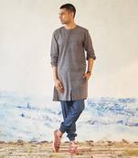 Grey textured cotton navigate placket kurta with jogger