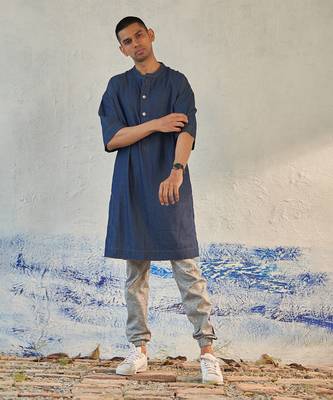 Blue cotton denim denim fusion long kurta 1