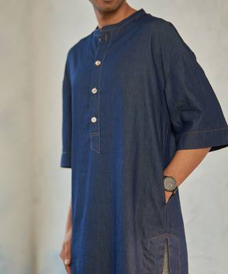 Blue cotton denim denim fusion long kurta 4