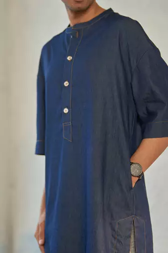 Blue cotton denim denim fusion long kurta