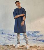 Blue textured cotton denim fusion long kurta with jogger