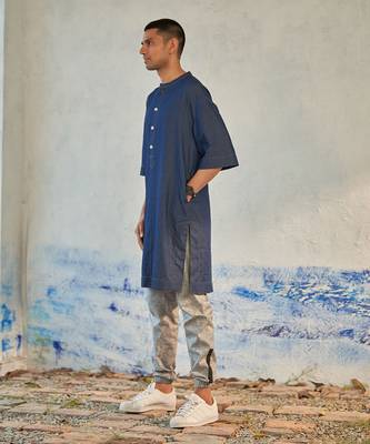 Blue textured cotton denim fusion long kurta with jogger 2