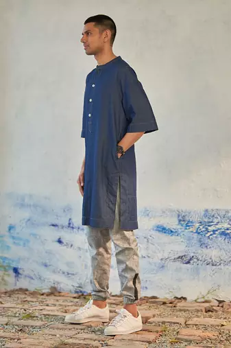 Blue textured cotton denim fusion long kurta with jogger