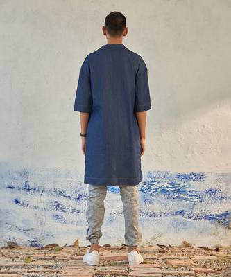 Blue textured cotton denim fusion long kurta with jogger 3