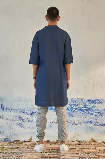 Blue textured cotton denim fusion long kurta with jogger