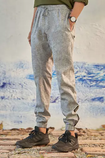 Blue textured cotton denim fusion long kurta with jogger